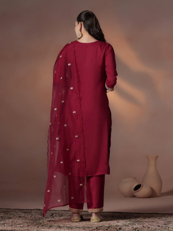 Royal Maroon Zari Embroidered Silk Kurta & Scalloped Dupatta Set