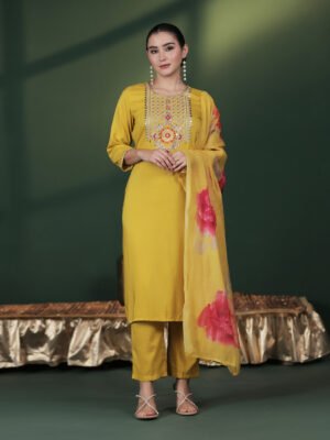 1818e27e-4e62-484b-8500-1a04952314f2 Radiant Mustard Yellow Embroidered Kurta Set with Floral Dupatta