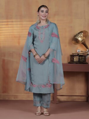 19c0c071-1f62-47fa-b264-ca6e7faab283 Midnight Blue Floral Printed Silk Kurta & Pant Set
