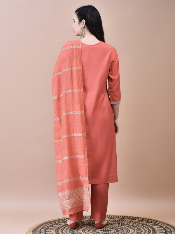 Coral Peach Hand-Embroidered Silk Kurta & Striped Dupatta Set