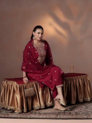 20c762b5-4a39-4dba-98f5-5674182bce74 Royal Maroon Zari Embroidered Silk Kurta & Scalloped Dupatta Set