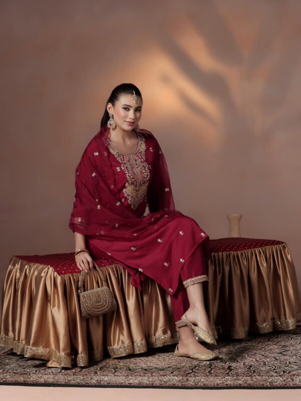 Royal Maroon Zari Embroidered Silk Kurta & Scalloped Dupatta Set