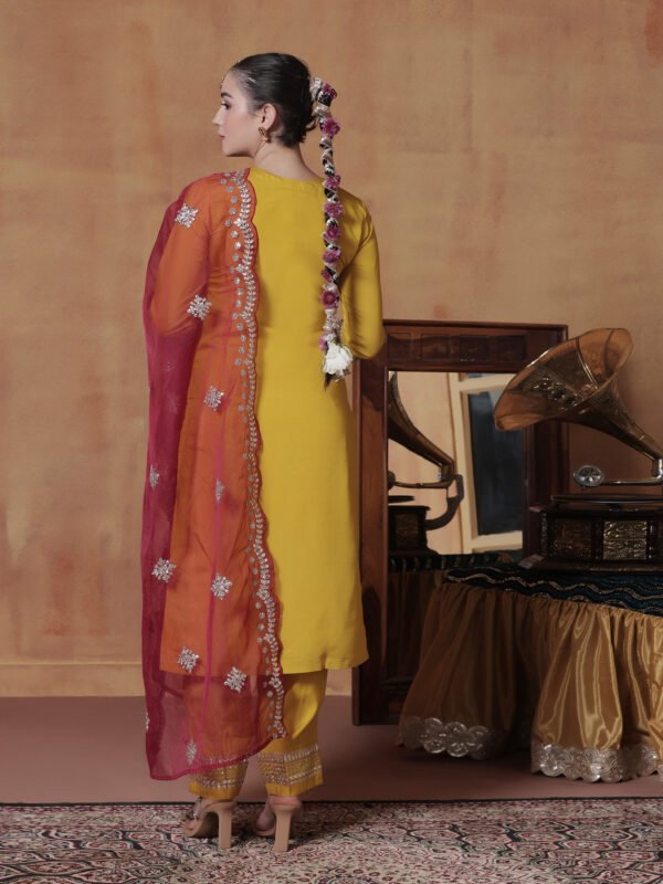 20d07836-9014-4f30-88ce-6635c658b083 Regal Mustard Yellow & Crimson Embroidered Kurta Set with Scalloped Dupatta