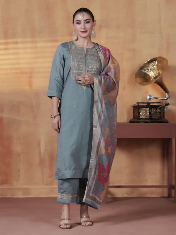 Slate Grey Elegant Zari Embroidered Silk Kurta Set