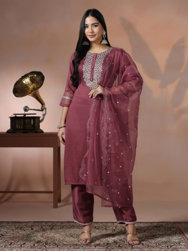 Rich Wine Maroon Embroidered Kurta Set with Scalloped Dupatta