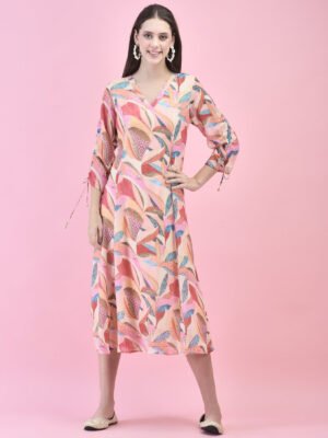 Abstract Floral Print Wrap-Style Midi Dress