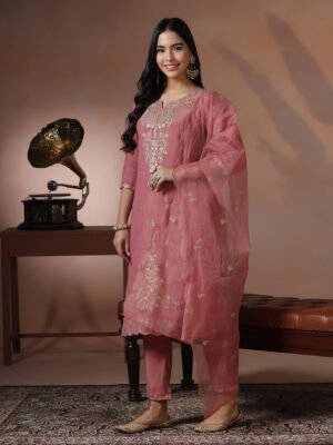 Dusty Rose Hand-Embroidered Silk Kurta Set with Scalloped Dupatta