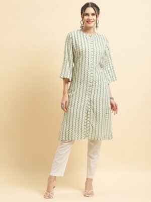 5c6955a7-7a98-4cc2-8d56-fe40e4ef5d5c Sage Green Zig-Zag Print Cotton Kurta & Straight Pant Set