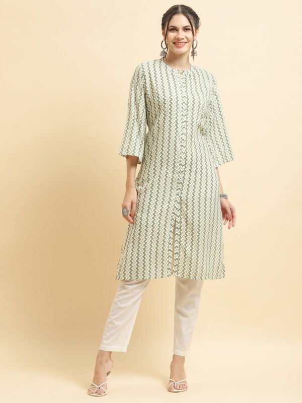 Sage Green Zig-Zag Print Cotton Kurta & Straight Pant Set