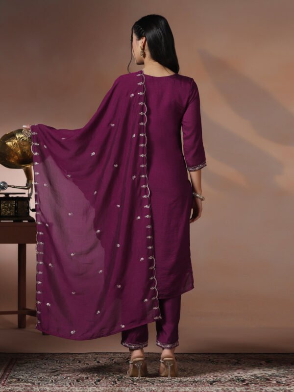 Royal Plum Wine Embroidered Silk Kurta & Scalloped Dupatta Set