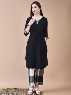 Classic Black Solid Kurti & Checkered Pant Co-ord Set