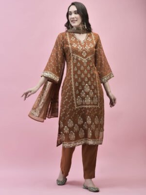 Rust Embroidered Silk Kurta & Printed Dupatta Set
