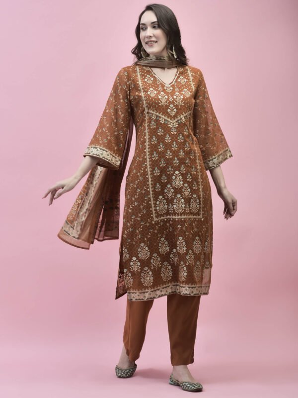 Rust Embroidered Silk Kurta & Printed Dupatta Set