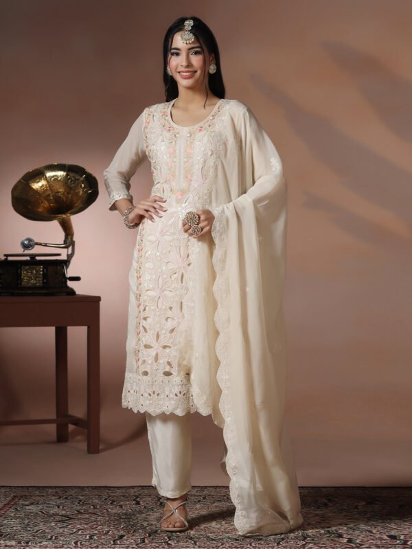 Ethereal Ivory Floral Cutwork Kurta Set with Scalloped Dupatta