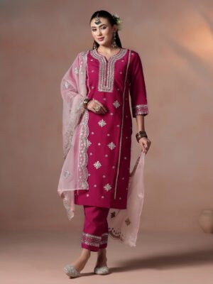 Regal Rani Pink Embroidered Kurta Set with Contrast Scalloped Dupatta