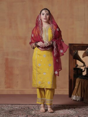 ae9484b1-bc1b-432b-afa6-cee4b6f4aad6 Regal Mustard Yellow & Crimson Embroidered Kurta Set with Scalloped Dupatta