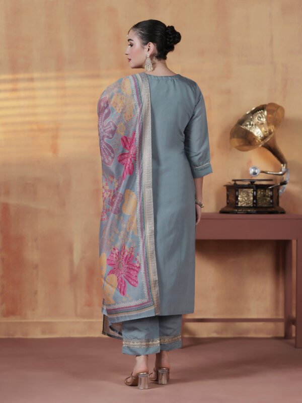 Slate Grey Elegant Zari Embroidered Silk Kurta Set