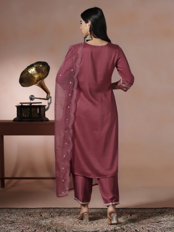 Rich Wine Maroon Embroidered Kurta Set with Scalloped Dupatta