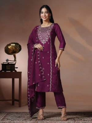 Royal Plum Wine Embroidered Silk Kurta & Scalloped Dupatta Set