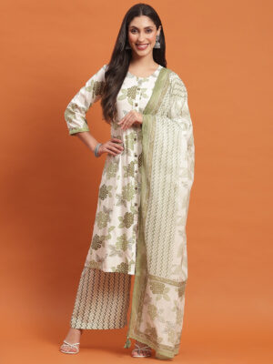 e36d314e-ab0e-46d6-b7b1-fd09b3e5d43f Olive Floral Print Anarkali-Style Kurta & Zig-Zag Palazzo Set