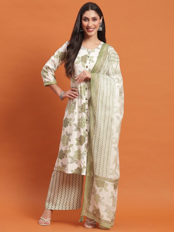 e36d314e-ab0e-46d6-b7b1-fd09b3e5d43f Olive Floral Print Anarkali-Style Kurta & Zig-Zag Palazzo Set
