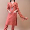 Coral Peach Hand-Embroidered Silk Kurta & Striped Dupatta Set