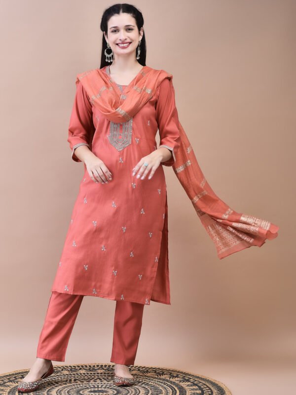 Coral Peach Hand-Embroidered Silk Kurta & Striped Dupatta Set