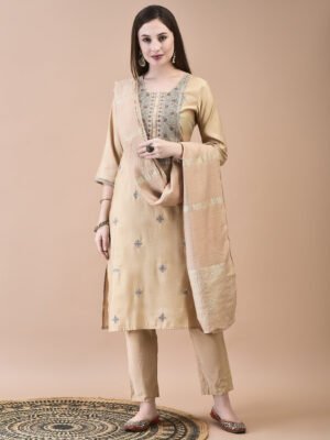 Classic Beige Silk Blend Embroidered Kurta & Zari Dupatta Set