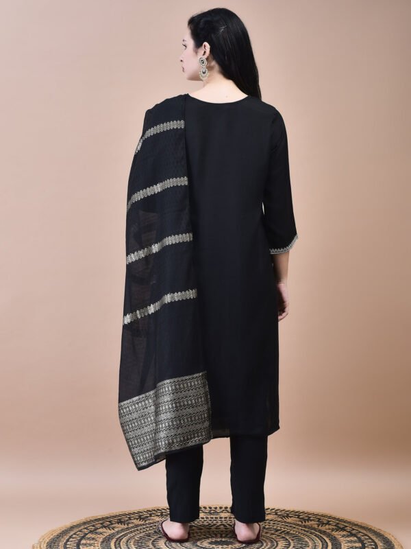 Midnight Black Embroidered Kurta Set with Zari Striped Dupatta