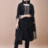 Midnight Black Embroidered Kurta Set with Zari Striped Dupatta