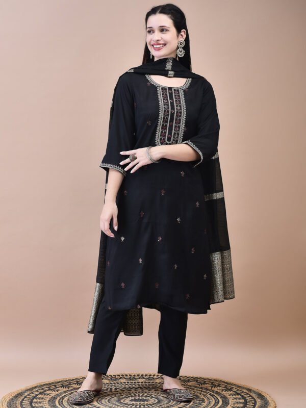 Midnight Black Embroidered Kurta Set with Zari Striped Dupatta